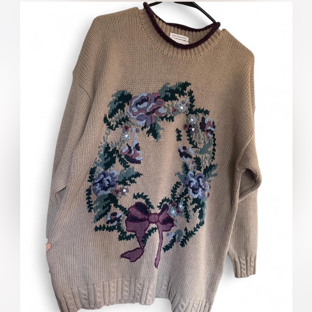 Vintage Hand embroidered Christopher & Banks Beige Sweater with Floral wreath